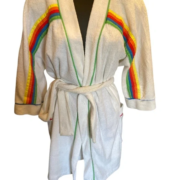 Plaza 9 Vintage Terri Cloth Short Bath Robe with Individually Sewn Rainbow Strip - Picture 3 of 11